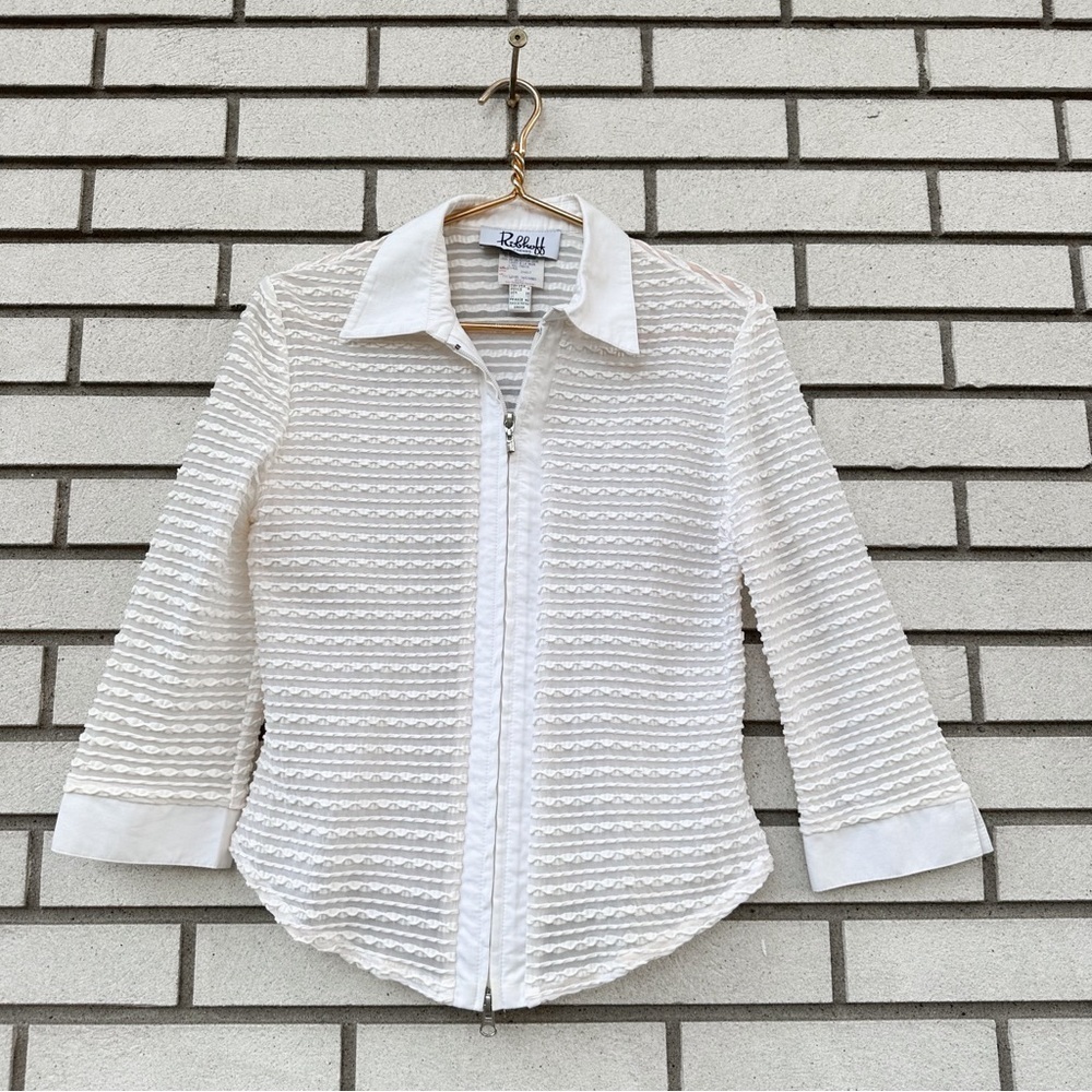 Vintage Joseph Ribkoff Sheer Textured Zip Front Blouse Off White Career Top 10